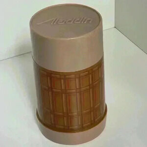 1970s brown tartan Aladdin wide mouth pint  vaccuum flask glass tube thermos